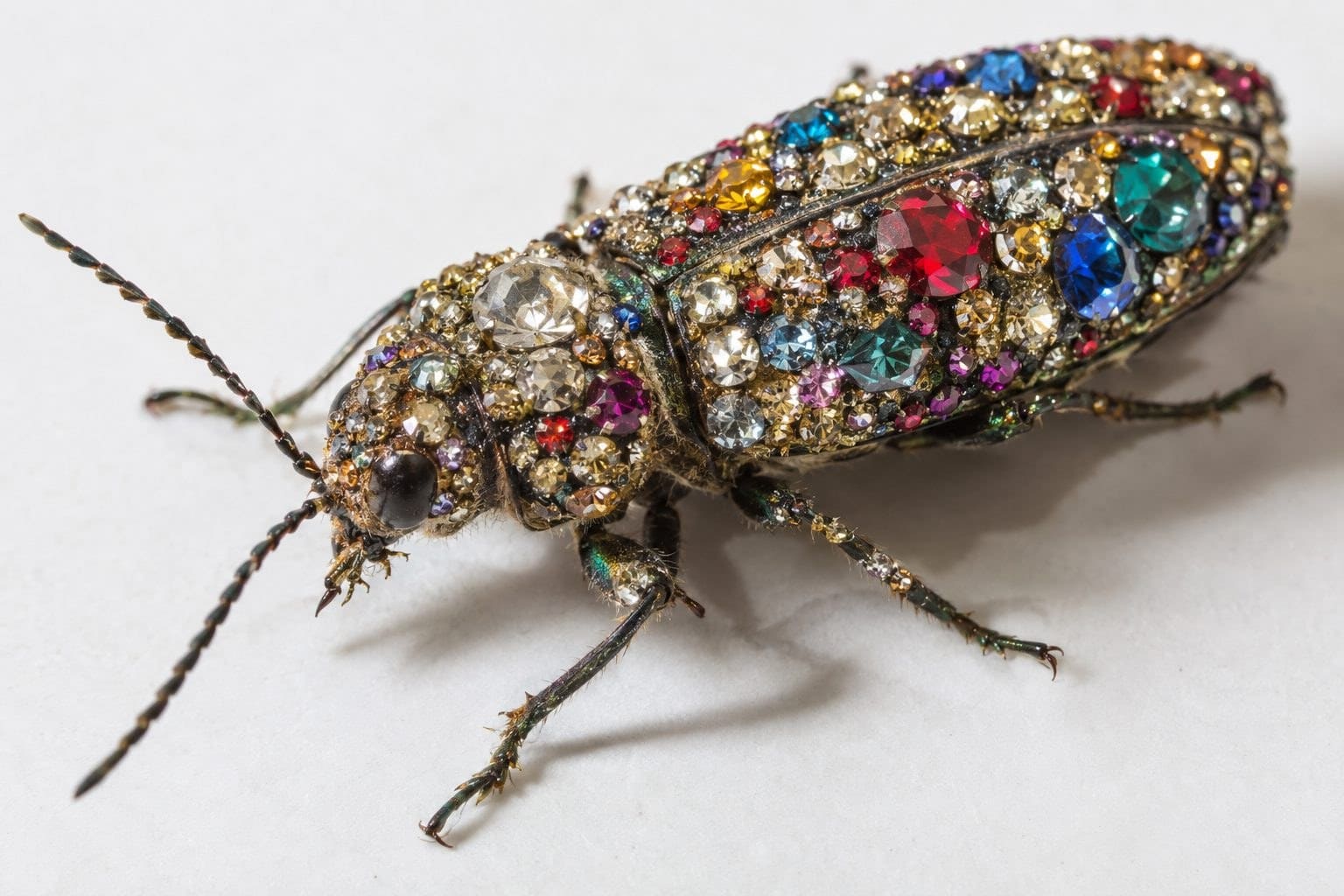 Scarabée vivant recouvert de strass et épinglé sur une broche, incrusté de cristaux