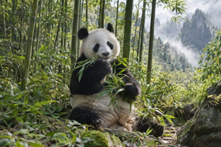 Panda géant adulte seul dans son habitat naturel de bambouseraie