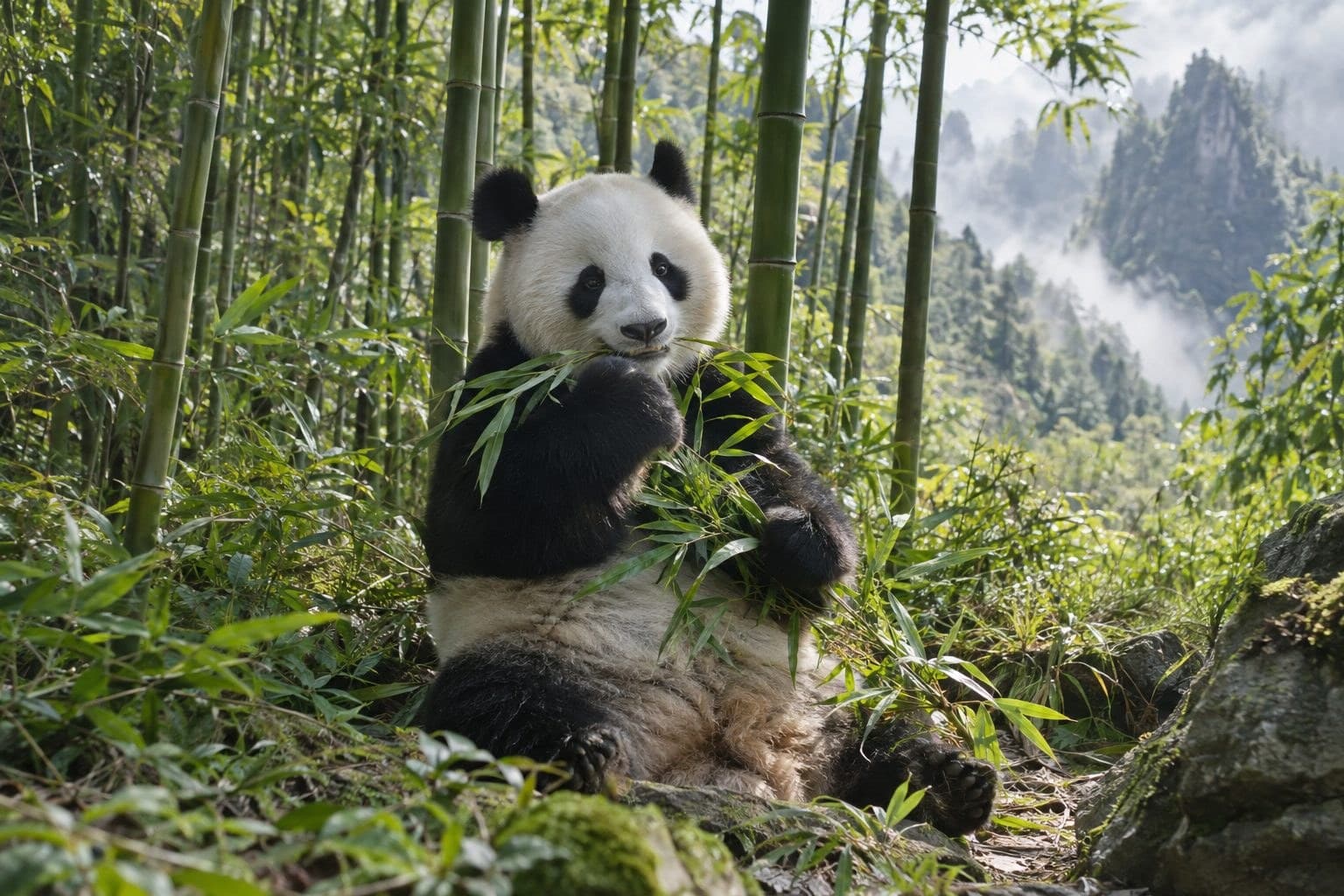 Panda géant adulte seul dans son habitat naturel de bambouseraie