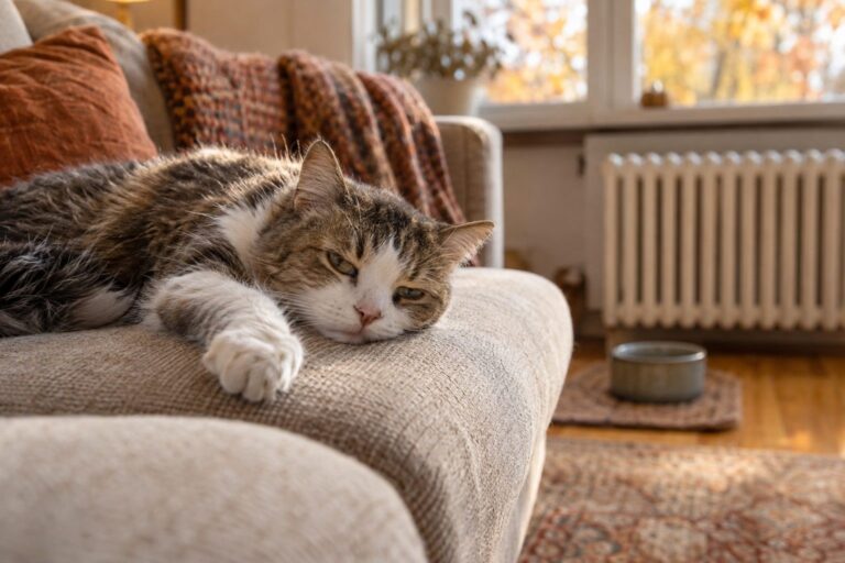 Un chat domestique déshydraté et léthargique allongé sur un canapé dans un intérieur chauffé en automne, avec une gamelle d'eau ignorée en arrière-plan
