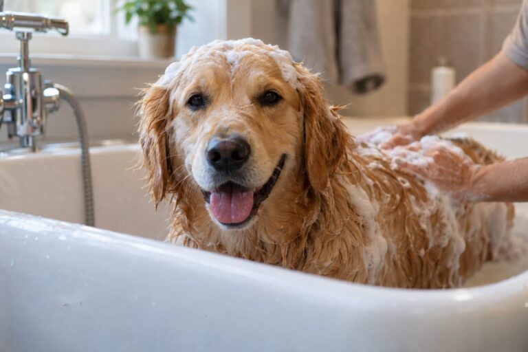 Un chien Golden Retriever en train de prendre un bain dans une baignoire, mouillé et savonné, avec de la mousse blanche