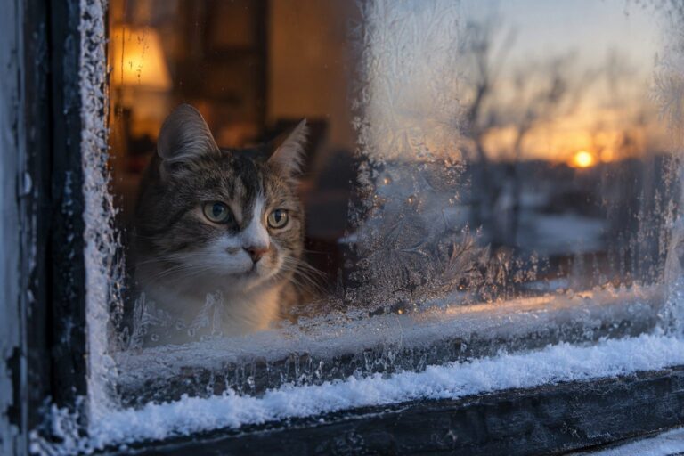 Un chat domestique (Felis catus) inquiet regardant par une fenêtre embuée par le froid hivernal, en fin d'après-midi