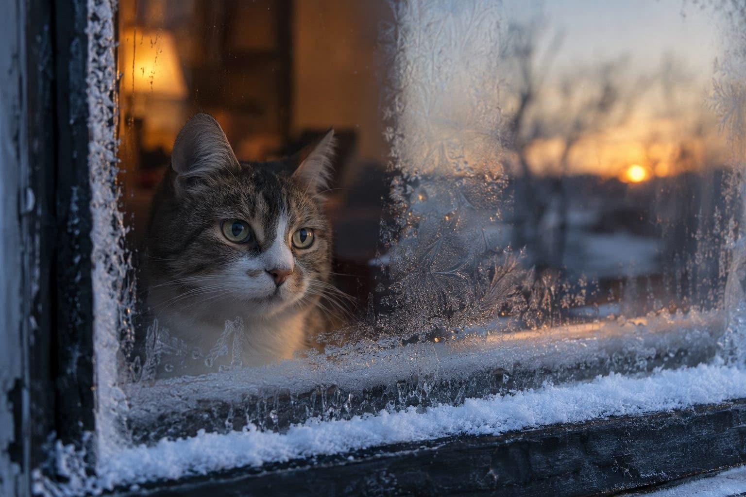 Un chat domestique (Felis catus) inquiet regardant par une fenêtre embuée par le froid hivernal, en fin d'après-midi