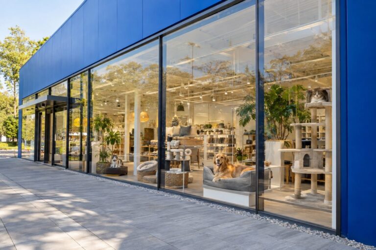 Magasin IKEA avec vitrine moderne montrant des meubles et accessoires pour animaux de compagnie