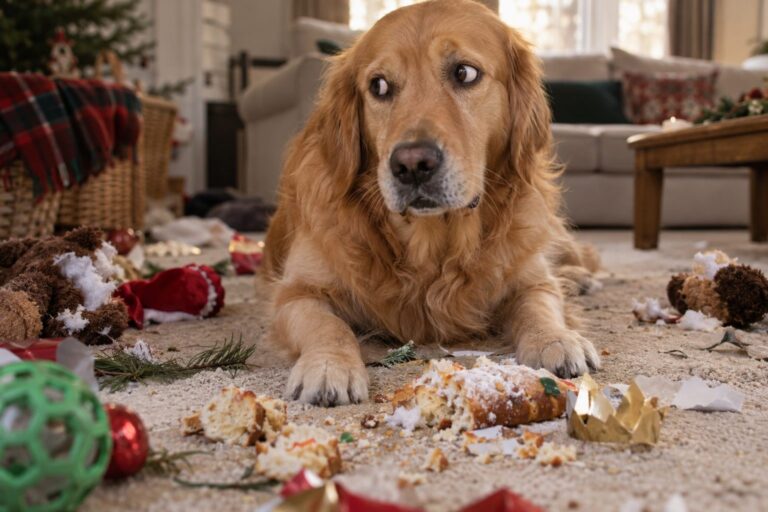 Un chien Golden Retriever en train d'avaler rapidement un objet sur un tapis du salon, avec des jouets éparpillés et des restes de galette des rois à proximité, exprimant l'urgence et l'angoisse du moment