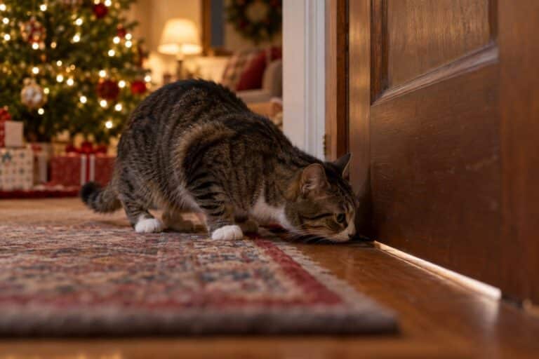 Un chat domestique reniflant attentivement sous une porte fermée, détectant la présence d'un autre félin de l'autre côté, dans un salon de maison moderne pendant la période hivernale avec décoration de Noël visible en arrière-plan
