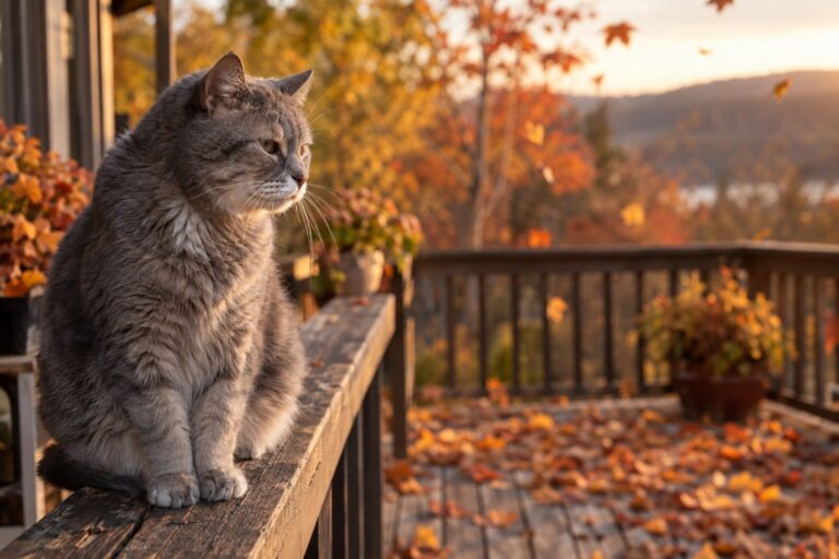 Un chat âgé assis sur un balcon en automne, observant pensivement les feuilles, exprimant la fatigue et la sagesse de l'âge