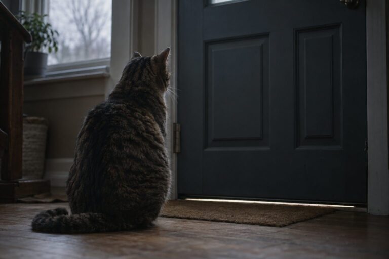 Un chat gris tabby assis seul derrière une porte d'entrée fermée, regardant vers la porte avec une expression de confusion et d'attente