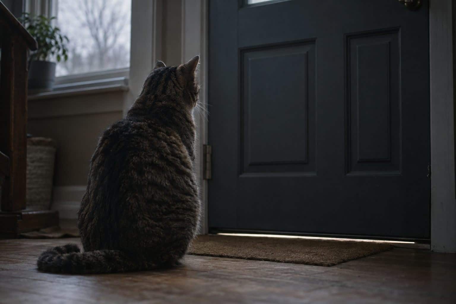 Un chat gris tabby assis seul derrière une porte d'entrée fermée, regardant vers la porte avec une expression de confusion et d'attente