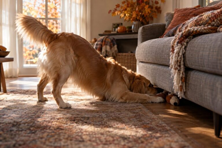 Un chien (race moyenne) cachant sa peluche sous un canapé dans un salon automnal, museau tendu vers l'obscurité sous les meubles