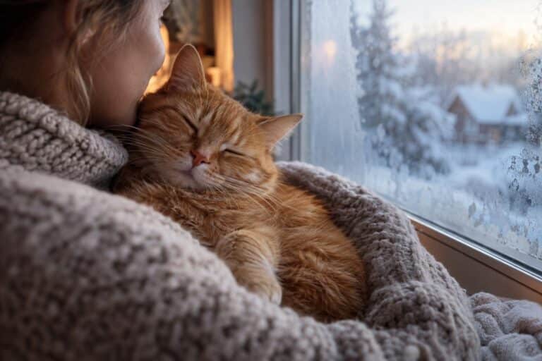 Un chat roux affectueux blotti dans les bras d'une personne près d'une fenêtre en hiver