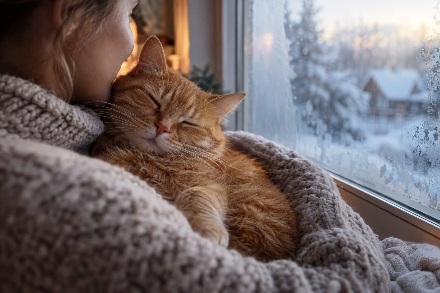 Un chat roux affectueux blotti dans les bras d'une personne près d'une fenêtre en hiver