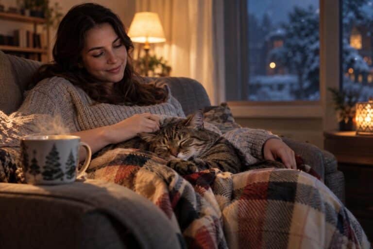 Un chat gris tabby sur les genoux d'une personne assise dans un canapé confortable, avec un plaid chaud et une tasse de thé fumante visible, lumière hivernale douce par la fenêtre