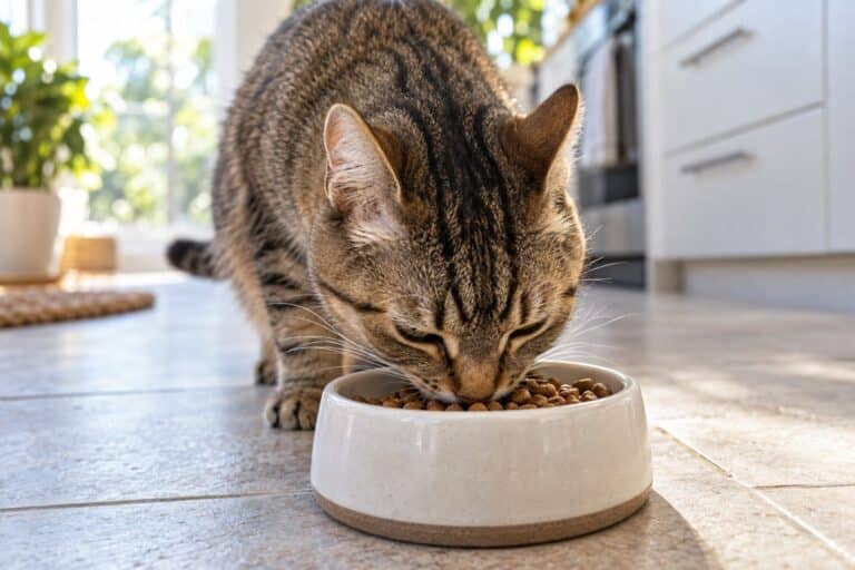 Un chat tabby affamé dévorant rapidement sa gamelle de croquettes, vue de dessus en gros plan