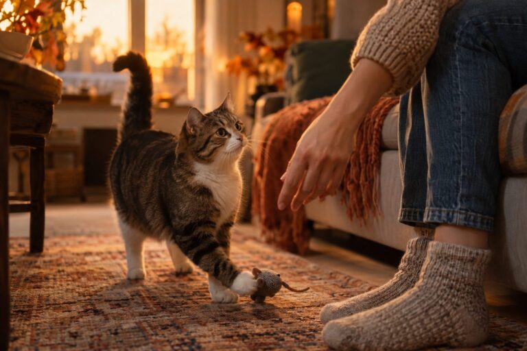 Un chat domestique déposant une souris en peluche aux pieds d'une personne assise dans un salon cosy en fin d'après-midi
