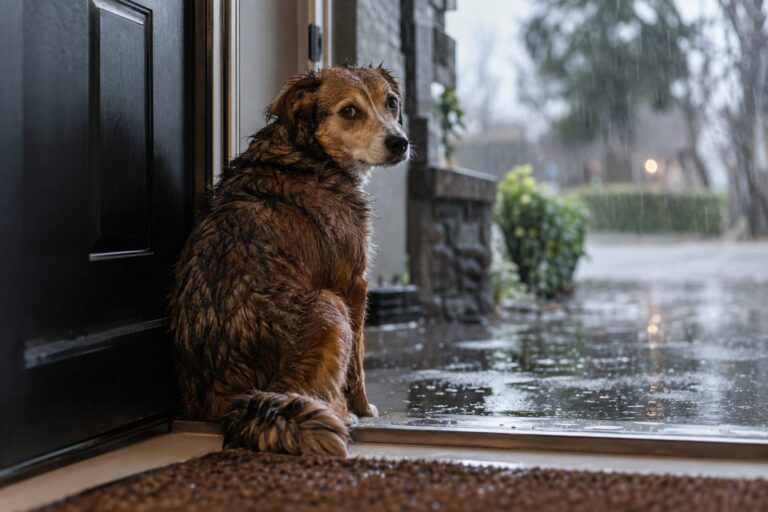 Un chien mouillé et réticent assis sur le seuil d'une porte d'entrée par temps de pluie hivernale