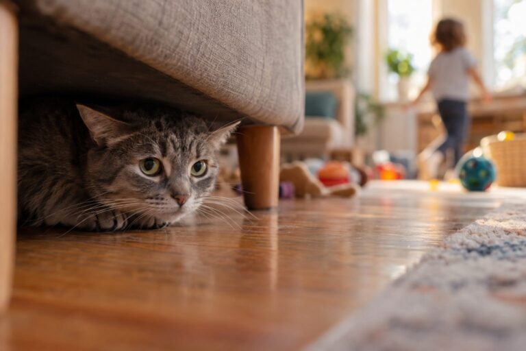 Un chat gris tabby se cachant sous un meuble, regardant craintif vers l'extérieur tandis qu'on entend des enfants jouer en arrière-plan