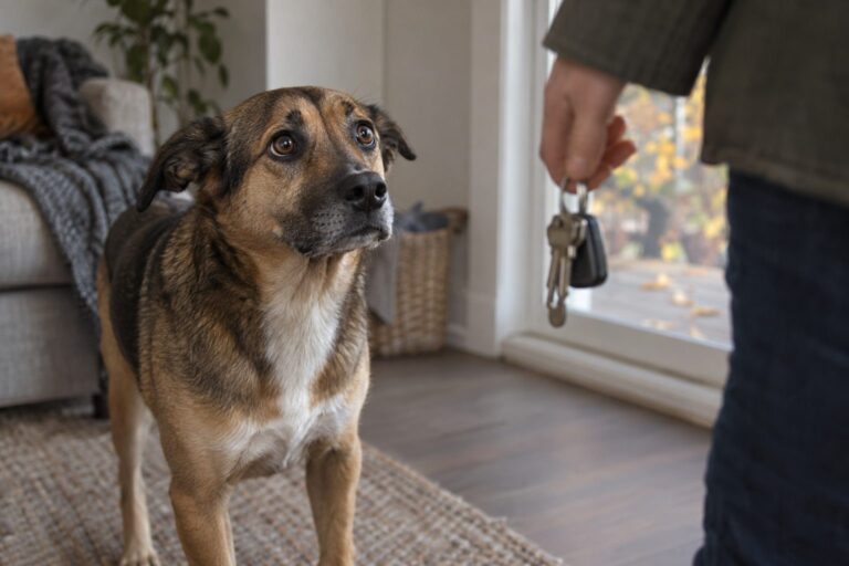 Chien anxieux montrant des signes de détresse en voyant son propriétaire prendre ses clés pour partir