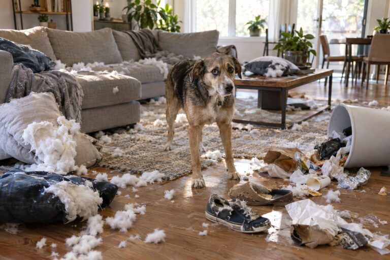 Un appartement moderne sens dessus dessous avec un chien destructeur au milieu des dégâts : coussin éventré, chaussures éparpillées, poubelle renversée