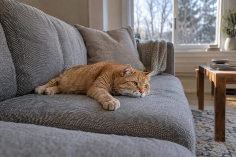 Chat roux allongé seul sur un canapé gris dans un salon vide et silencieux, lumière hivernale douce d'une fenêtre en arrière-plan