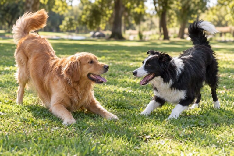 Deux chiens jouant ensemble dans un parc, en interaction ludique avec postures détendues