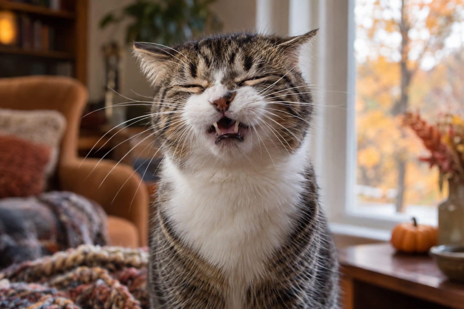 Un chat qui éternue à l'intérieur d'une maison en automne, gros plan du visage
