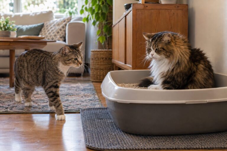 Deux chats domestiques près d'une litière, l'un hésitant à s'en approcher tandis que l'autre la domine