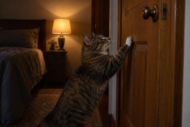 Chat gris ou roux grattant intensément une porte fermée la nuit, vu de face, avec la patte levée et l'expression déterminée