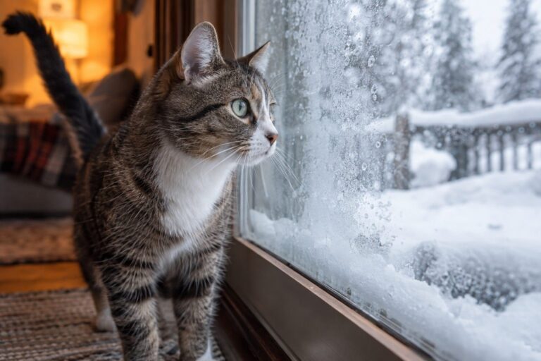 Chat domestique regardant par une porte vitrée enneigée par temps glacial d'hiver