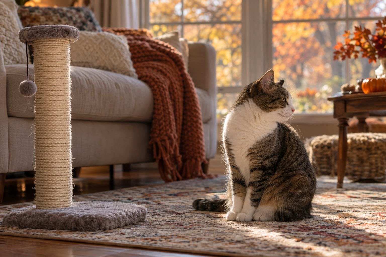 Un chat gris assis de profil face à un griffoir en sisal neuf, ignorant complètement l'accessoire dans un salon automnal avec plaids sur canapé