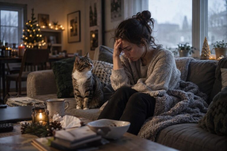 Un chat domestique observant attentivement son propriétaire stressé assis sur un canapé dans un intérieur hivernal
