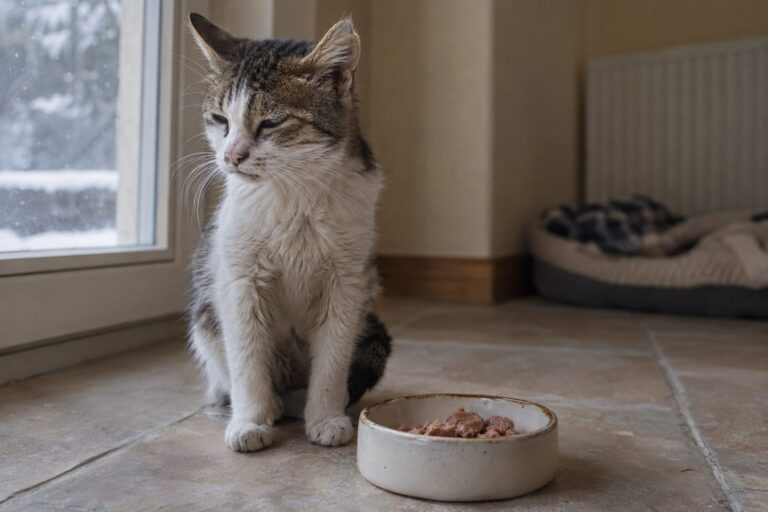 Un chat gris assis devant sa gamelle de pâtée, la regardant sans intérêt, l'air apathique