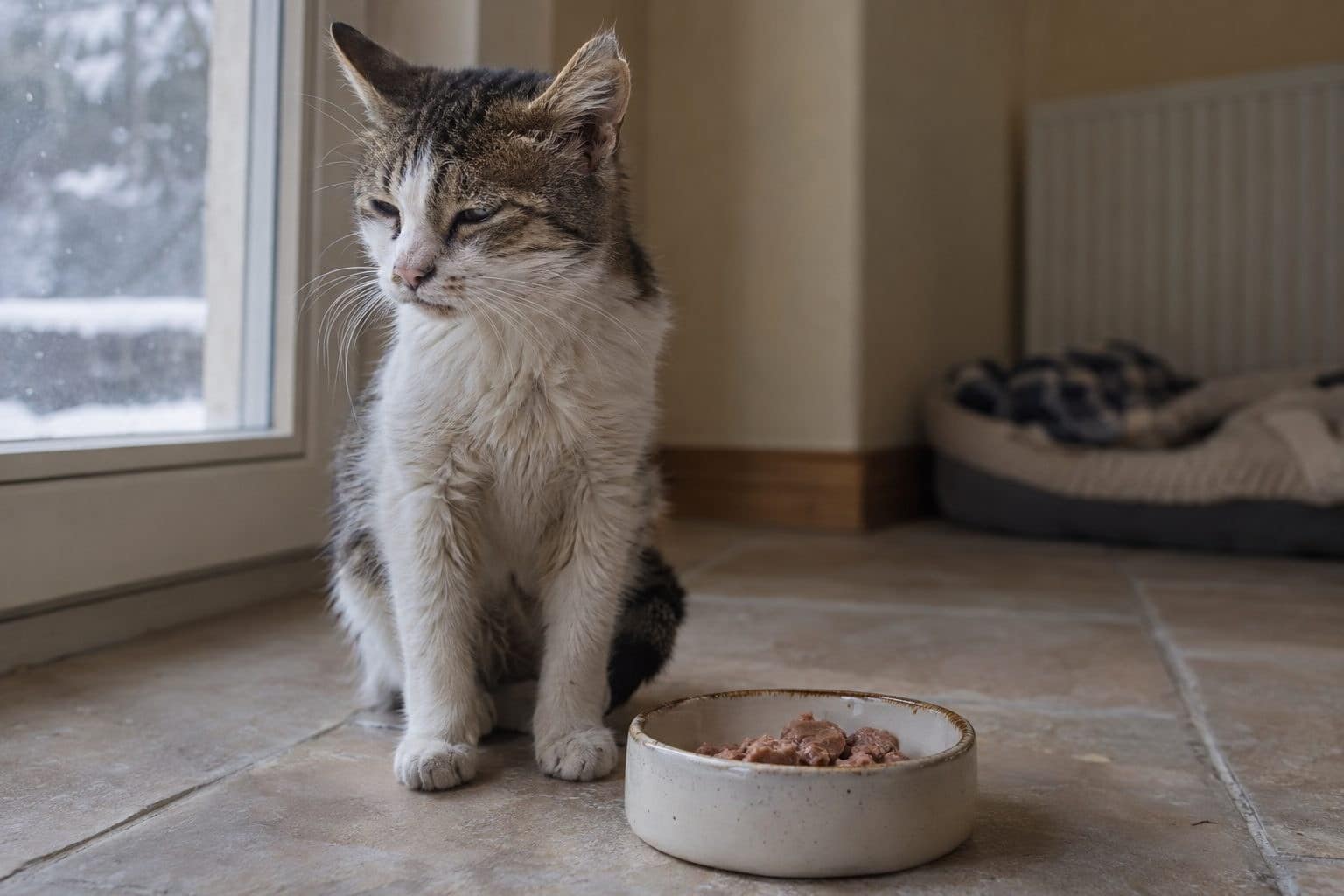 Un chat gris assis devant sa gamelle de pâtée, la regardant sans intérêt, l'air apathique