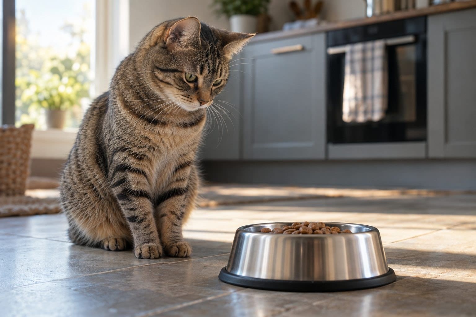 Un chat gris tacheté assis près d'une gamelle de croquettes dans une cuisine moderne, hésitant à manger avec une expression contemplative