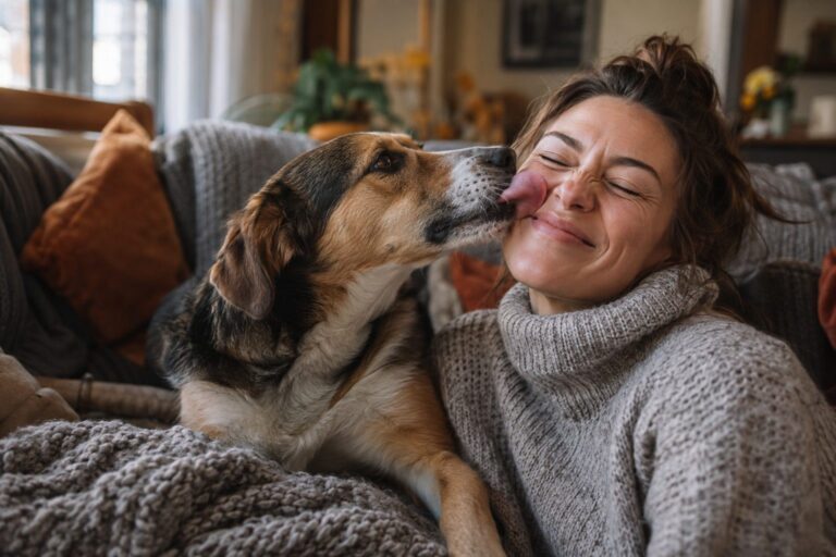 Un chien (race mixte) léchant le visage d'une personne sur un canapé en intérieur cosy hivernal