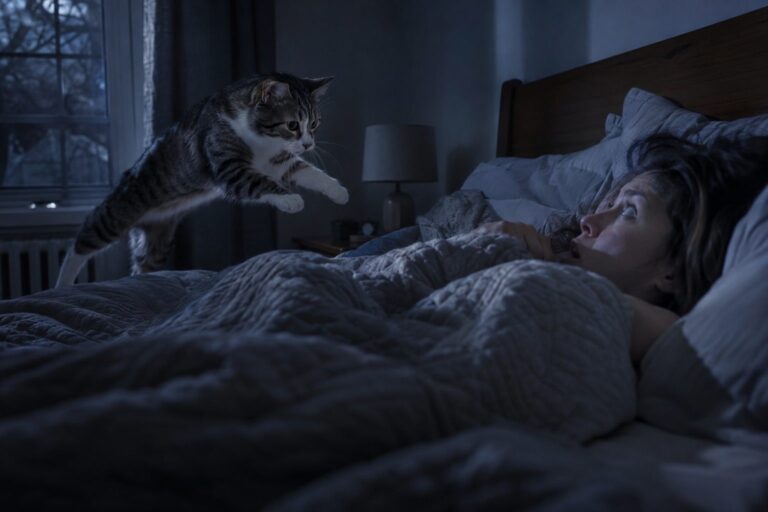 Chat réveillant son propriétaire la nuit à 3h du matin en sautant sur le lit