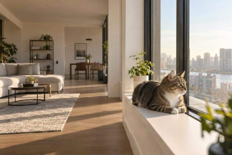 Chat indépendant seul dans un appartement moderne pendant l'absence de son propriétaire, illustrant la solitude sans angoisse