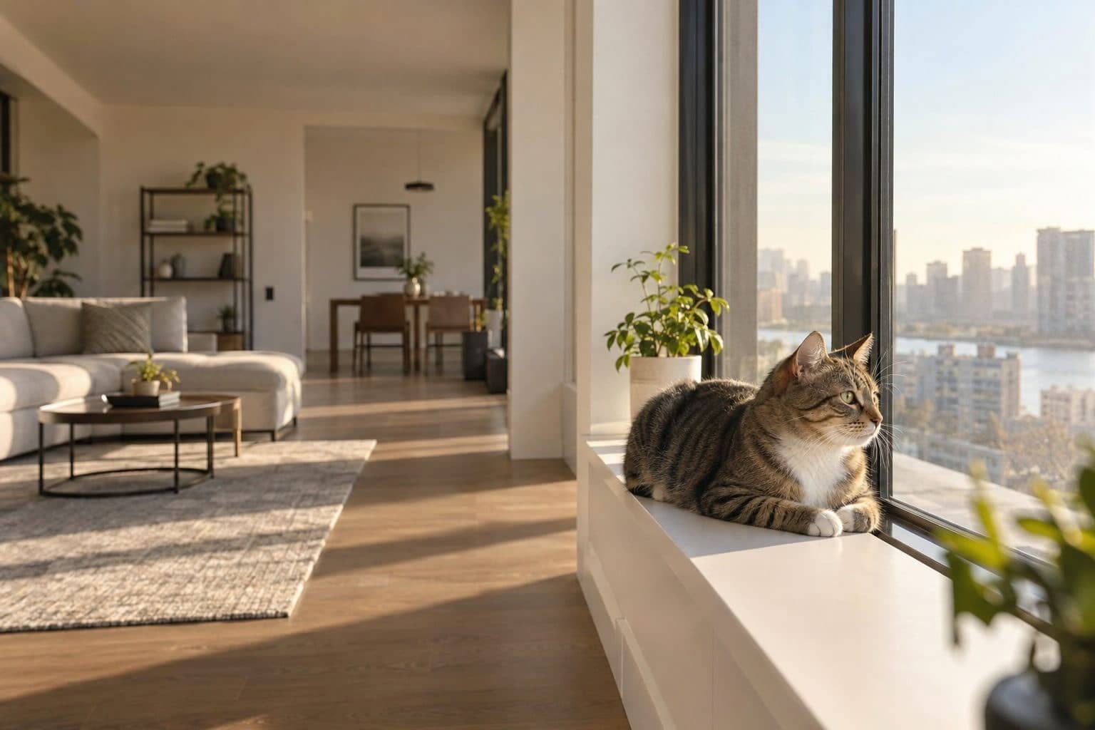 Chat indépendant seul dans un appartement moderne pendant l'absence de son propriétaire, illustrant la solitude sans angoisse