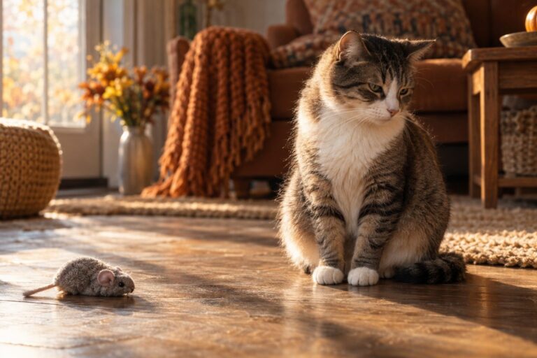 Chat domestique apathique assis près d'une souris en peluche ignorée, par une fin d'après-midi d'automne