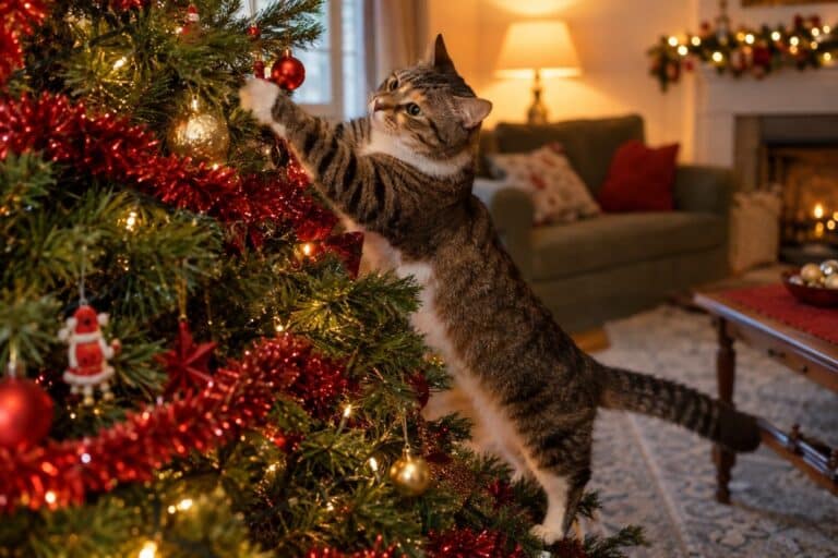 Un chat gris tabby grimpant sur un sapin de Noël décoré en intérieur, renversant des guirlandes et des boules pendant les fêtes d'hiver