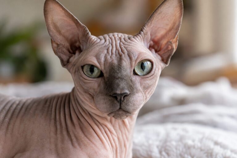 Gros plan du visage d'un chat Sphynx (Felis catus) montrant sa peau nue ridée et ses grandes oreilles caractéristiques