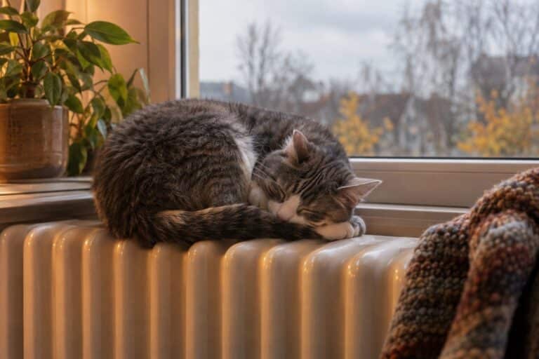 Un chat gris tabby endormi en boule sur un radiateur blanc près d'une fenêtre, par une journée grise d'automne