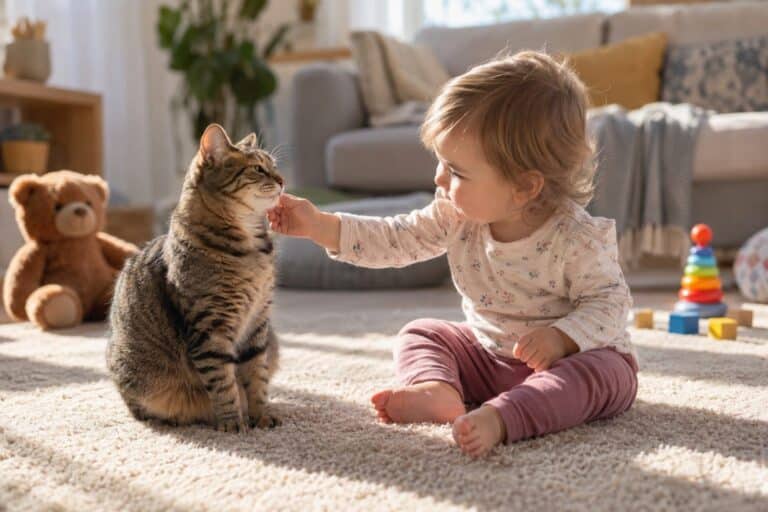 Un chat domestique (Felis catus) jouant doucement avec un jeune enfant dans un salon lumineux et sécurisé