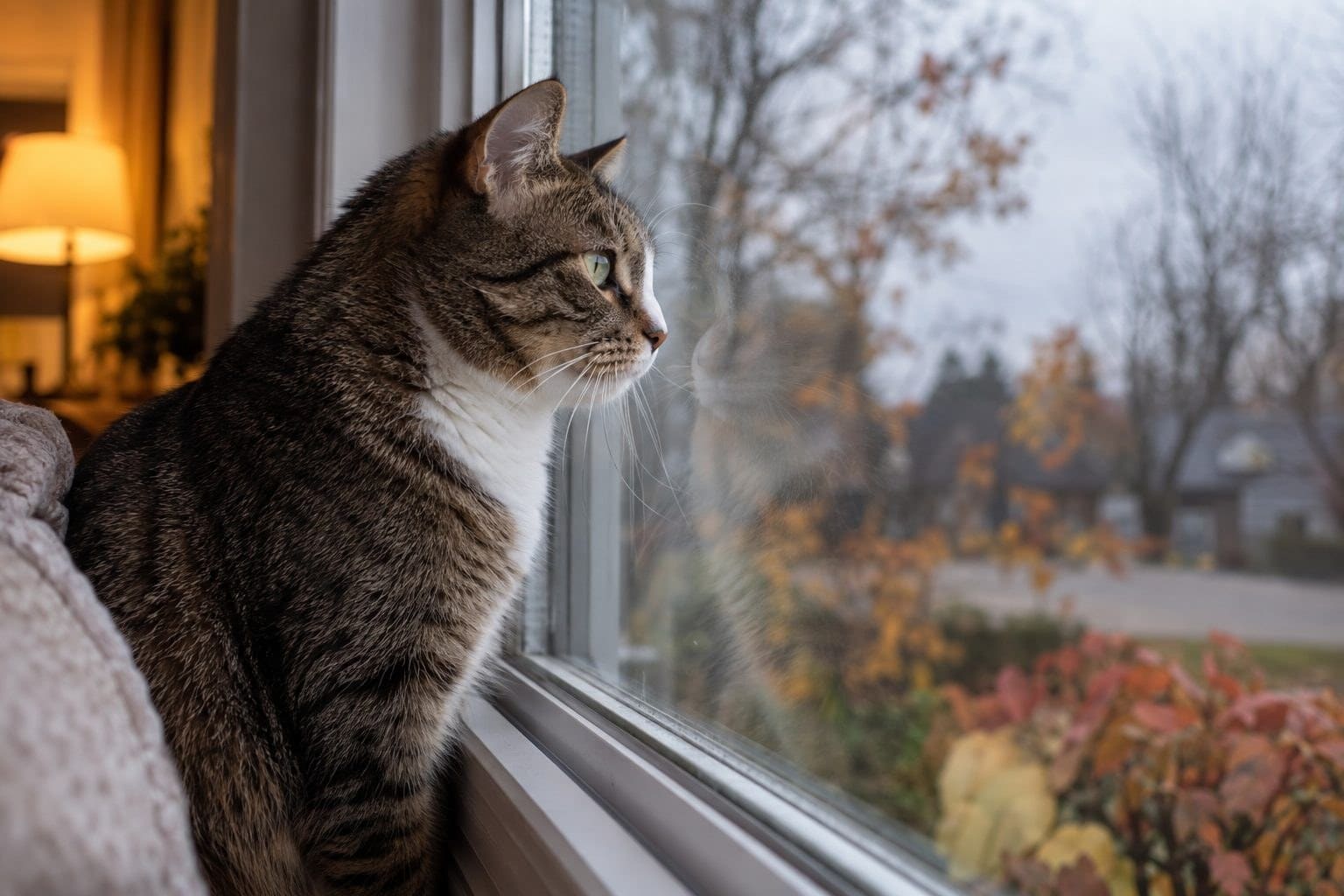 Chat domestique regardant par la fenêtre en fin d'automne