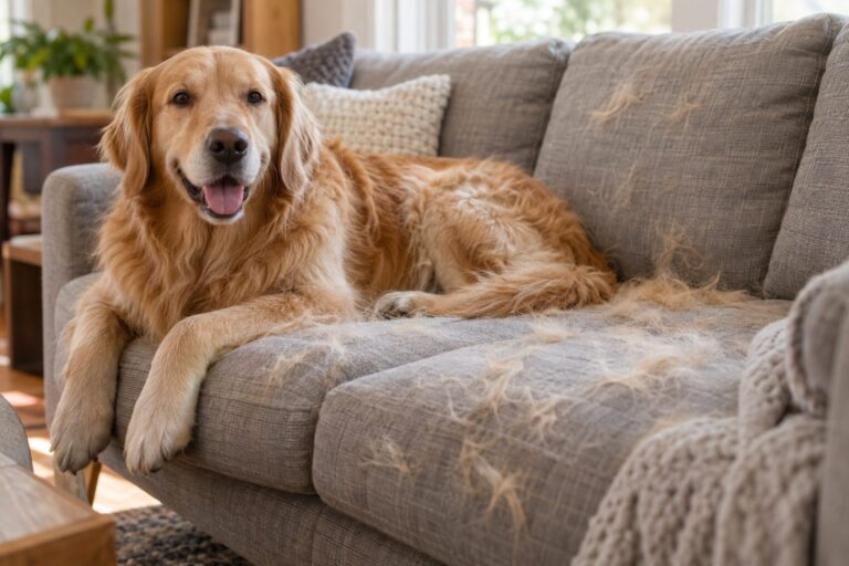 Un Golden Retriever couché sur un canapé gris avec des poils dispersés visibles sur le tissu et autour de lui
