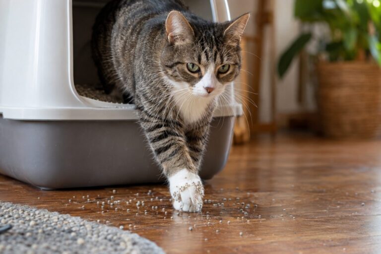 Chat sortant de sa litière avec des grains de litière sur ses pattes, plan rapproché sur les pattes et la litière