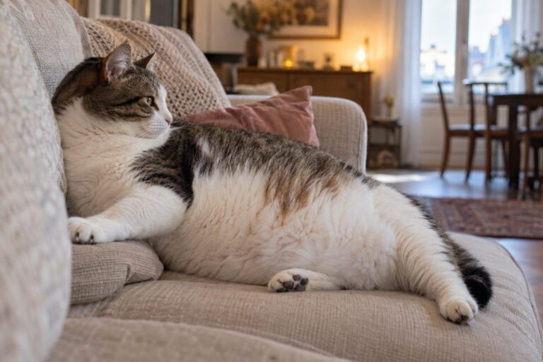 Un chat domestique en surpoids vu de profil allongé sur un canapé, montrant clairement son ventre arrondi et ses formes épaisses, dans un intérieur chaleureux de maison française avec lumière naturelle d'hiver