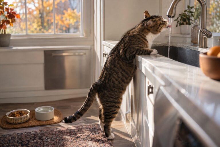 Un chat domestique qui ignore sa gamelle d'eau à côté de ses croquettes pour boire au robinet de cuisine