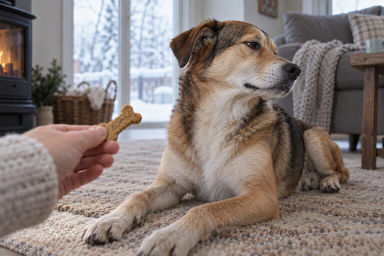 Chien regardant avec désintérêt une friandise qu'on lui présente
