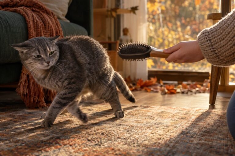 Un chat gris refusant le brossage, montrant des signes d'appréhension avec les oreilles en arrière, dans un intérieur automnal